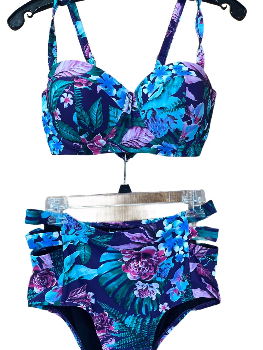 Swimsuits For All Purple Teal Pink Tropical Floral Underwire High-Waist Bikini